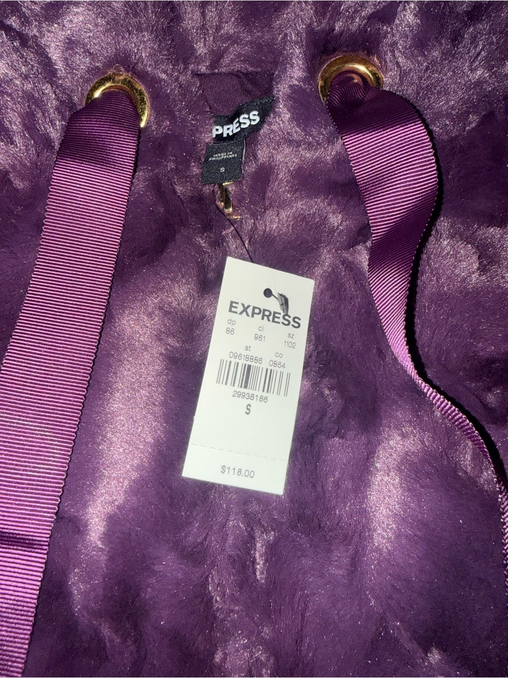 Express Plush Purple Faux Fur Tote with Grosgrain Straps. Full zip up